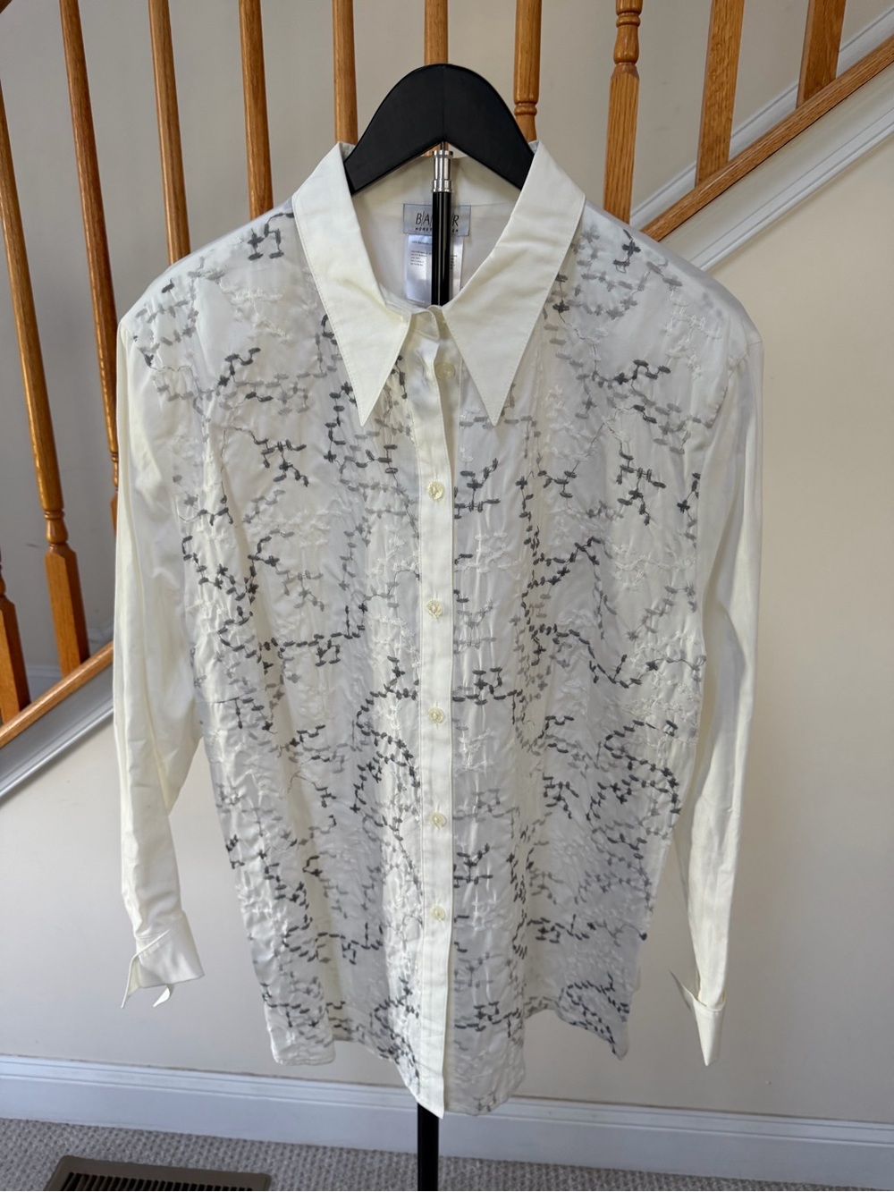 Basler White Sheer Button-Up Blouse with Gray Abstract Pattern